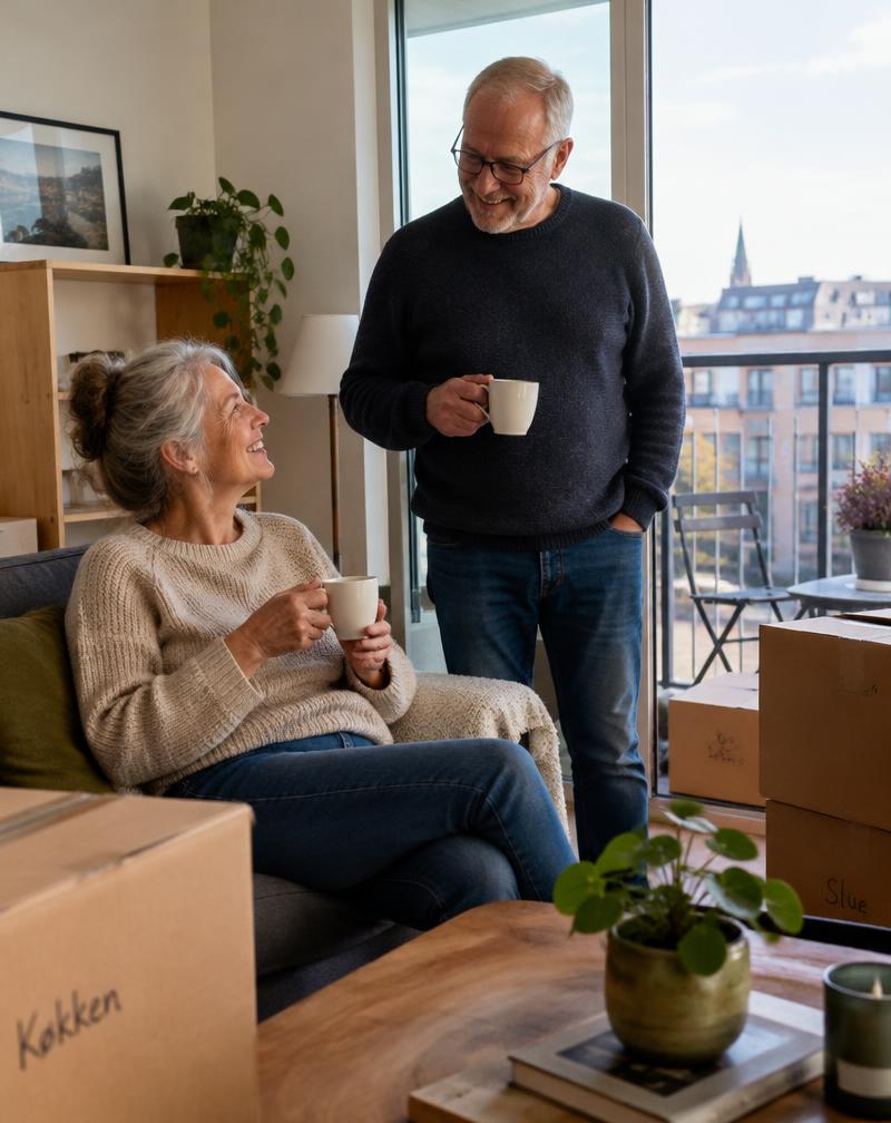 Ældre par holder kaffekopper blandt flyttekasser i deres nye lejlighed