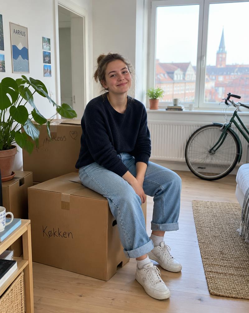 Ung kvinde sidder på en flyttekasse i sin nye lejlighed med udsigt over byen