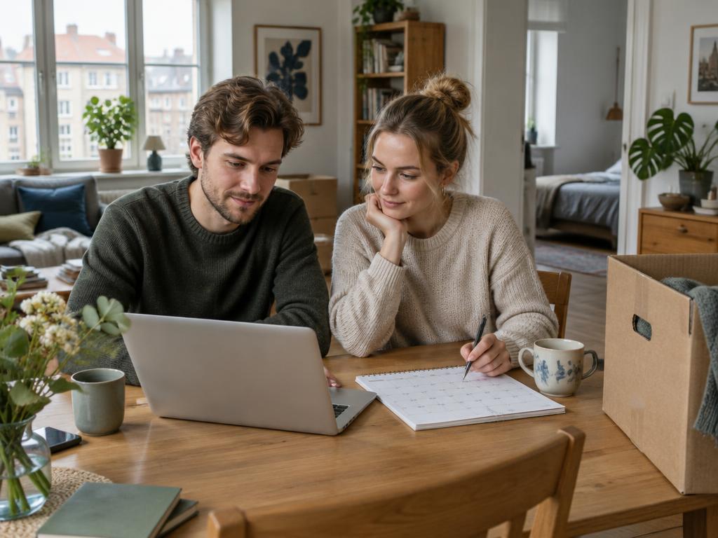 Et par planlægger flyttedatoen sammen ved en computer i deres lejlighed
