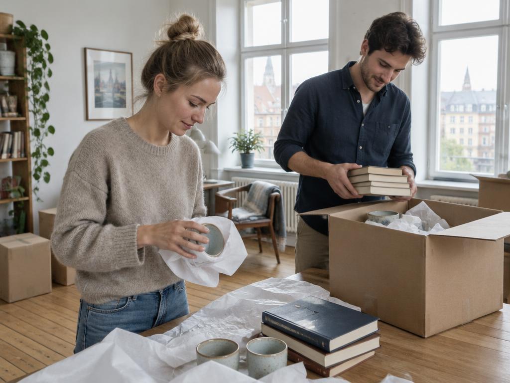 Et par pakker bøger og porcelæn nænsomt i flyttekasser