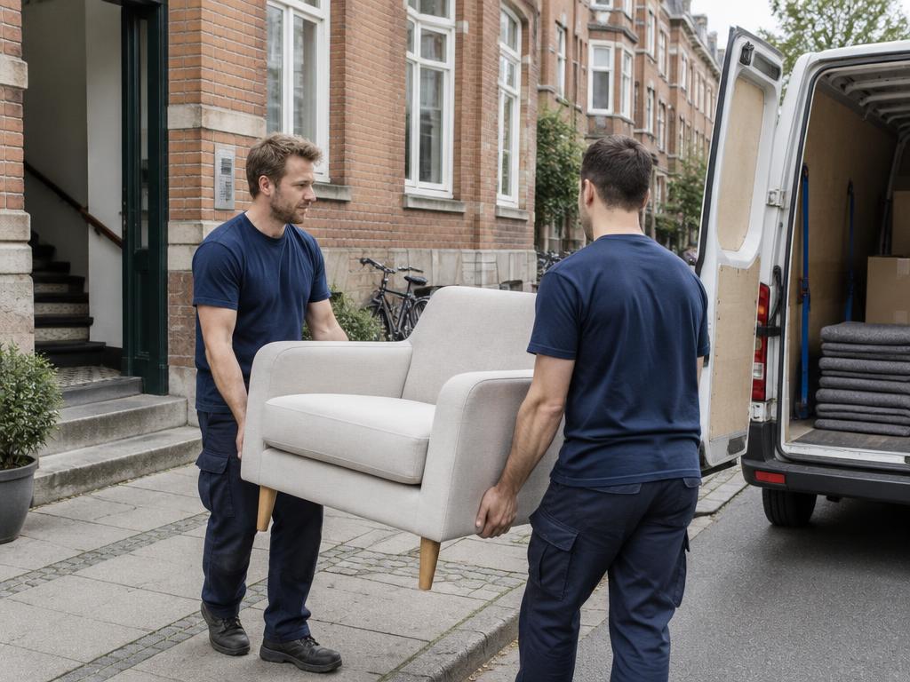 To flyttefolk bærer en lænestol fra en lejlighed ud til flyttebilen